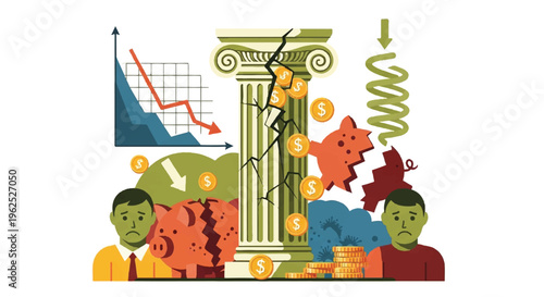 Financial crisis concept illustration with falling graph and broken column