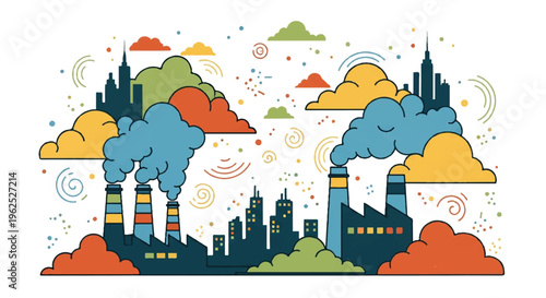 Industrial factories emitting pollution with city skyline and colorful clouds