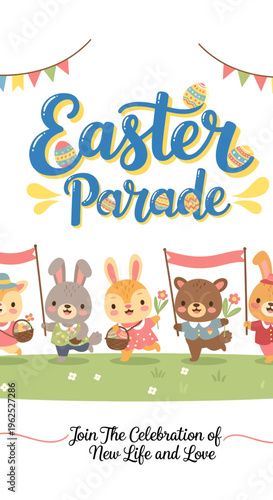 Cute easter parade illustration with bunnies and bear holding banners