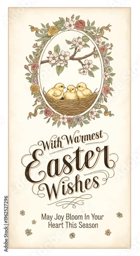 Vintage easter greeting card with three cute chicks in a floral nest