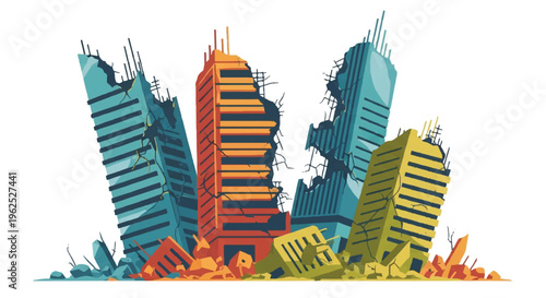 Destroyed city buildings illustration on white background