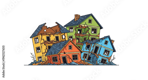 Damaged buildings illustration showing structural damage after disaster isolated