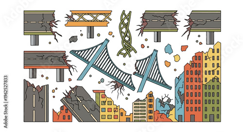 Damaged infrastructure and buildings vector illustration