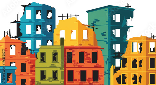 Colorful abstract illustration of damaged buildings post disaster