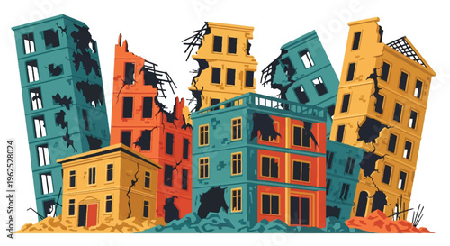 Collage of destroyed buildings in an illustrative style for concept designs