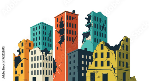 Stylized illustration of damaged buildings colorful composition isolated