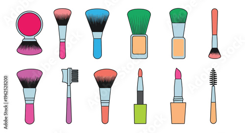 Colorful illustration of various makeup brushes and cosmetic items