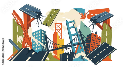 Graphic illustration of infrastructure damage and urban destruction