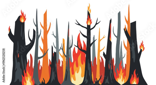 Forest fire illustration trees burning flames isolated