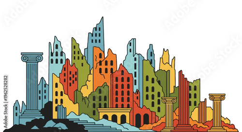 Stylized colorful ruined cityscape illustration isolated on white