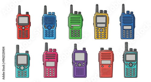 A vibrant assortment of cartoon-style walkie-talkies, showcasing various colors and designs.