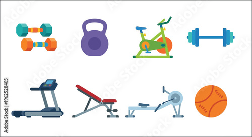 A collection of brightly colored gym equipment icons, including weights, machines, and a basketball.