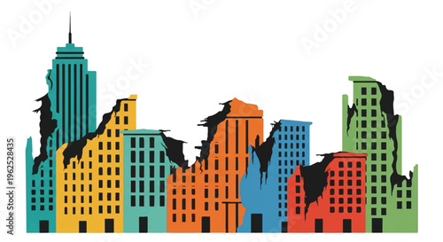 Colorful destroyed city skyline illustration