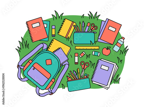 Back to school supplies laid on grass, vibrant colors, study essentials, for education concept