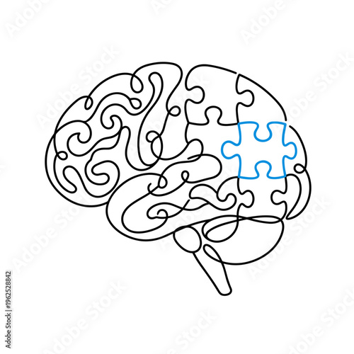Abstract brain silhouette with puzzle piece, minimalist line art, blue accent, clean composition, copy space