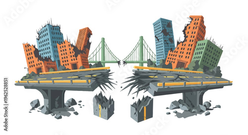 Broken city buildings bridge illustration conceptual design