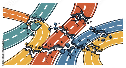 Roads intersecting destroyed abstract illustration