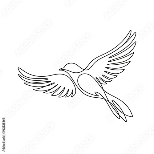 Minimalist line art of bird in flight, single continuous line, white background