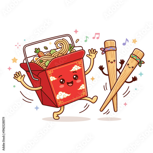 Cute kawaii takeout box and chopsticks dancing happily with music notes