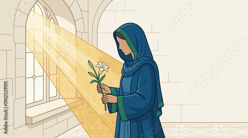 Woman in blue robe holding lily in sunlit architectural interior