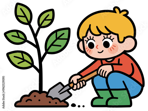 Child planting a tree with joy in a colorful garden