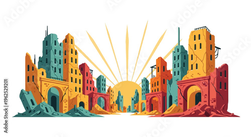 Ruined cityscape illustration with rising sun and colorful architecture