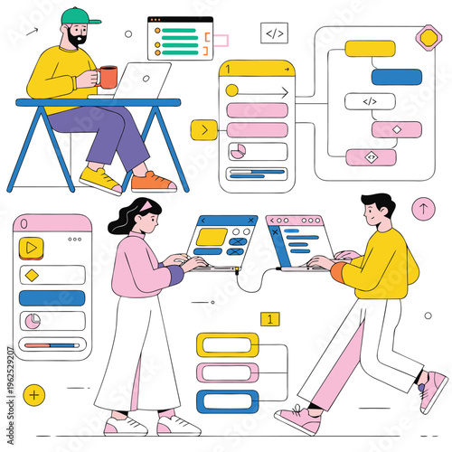 People working on laptops with software design elements around