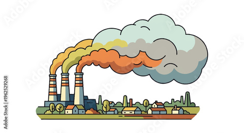 Industrial pollution illustration with factory smoke and environment