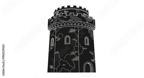 Black and White Vector Illustration of a Medieval Stone Castle Tower