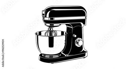 Black and White Vector Illustration of a Modern Kitchen Stand Mixer