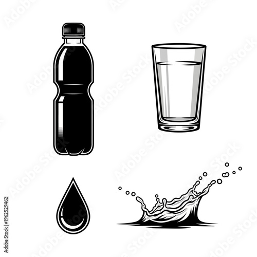 Black and White Water Elements Set with Bottle Glass Drop and Splash