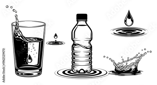 Black and White Water Elements Set with Glass and Bottle
