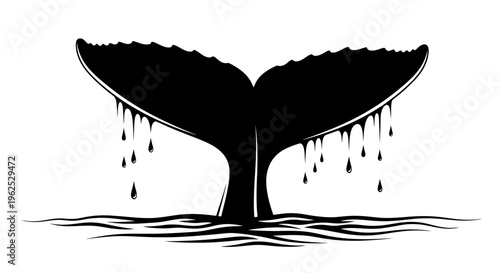 Black and White Whale Tail Silhouette with Water Droplets