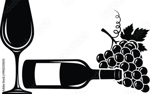 Wine bottle with glass and bunch of grapes silhouette vector graphic