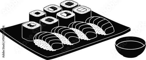 Japanese sushi rolls and nigiri set on a platter with soy sauce bowl silhouette