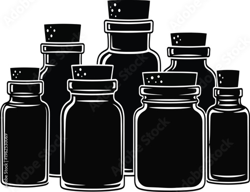 Collection of vintage apothecary glass jars and corked bottles silhouette vector