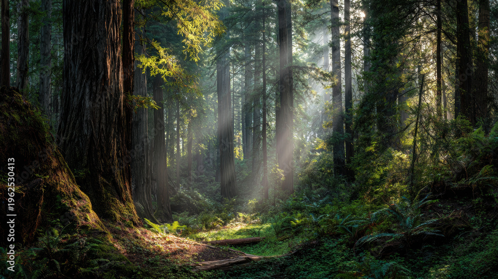 Obraz premium Majestic forest landscape with bright sunbeams filtering through tall trees and lush green mossy ground