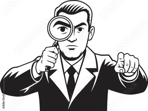 Magnifying glass detective, investigator vector, business man illustration, pointing finger