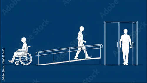 Wheelchair Accessibility CAD Figures – Disabled Person Using Ramp and Doorway, Technical Blueprint Line Drawing
