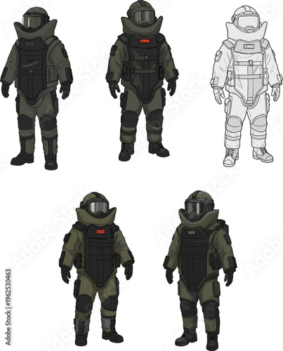 Professional bomb disposal suit set featuring EOD technician characters in heavy protective armor for explosive ordnance safety