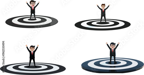 Successful businessman standing on target center bullseye character set for goal achievement hitting the mark business concept vector illustration isolated