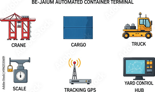 Automated container terminal icons including crane cargo truck scale tracking GPS and yard control hub for logistics and shipping industry concepts