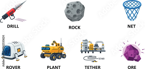 Space exploration icons including a drill asteroid net rover plant tether and ore flat vector illustration for science and technology concepts