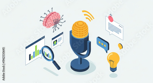 Isometric Illustration of Podcast Creation with Microphone, Brain, Analytics, and Ideas.