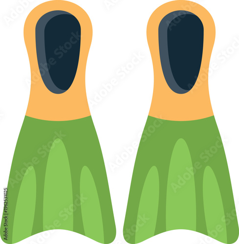 Pair of green and orange swimming flippers for underwater sports