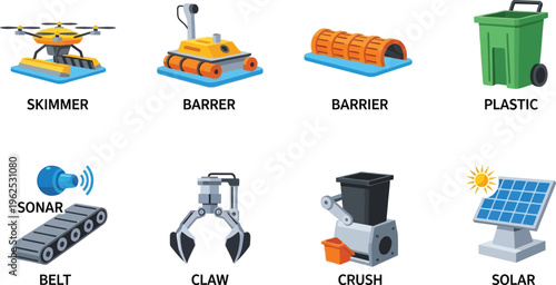 Collection of environmental cleanup robots and equipment including skimmer barrier and solar panel icons for pollution control and waste management concepts
