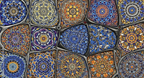 Intricate mosaic patterns showcasing a blend of geometric and floral designs in rich hues of blue and gold, reflecting traditional craftsmanship and artistic brilliance