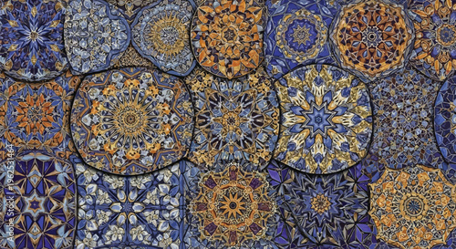 Intricate mosaic patterns showcasing a blend of geometric and floral designs in rich hues of blue and gold, reflecting traditional craftsmanship and artistic brilliance