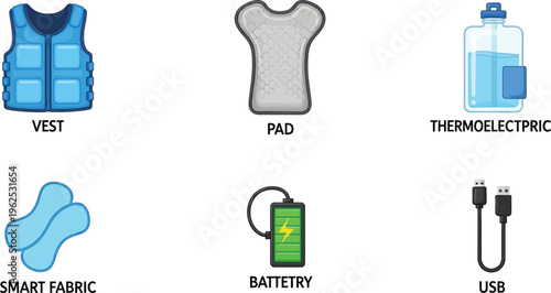 Collection of cooling vest components including smart fabric thermoelectric pad and battery for wearable technology and personal climate control