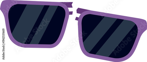 Broken purple colored sunglasses with dark lenses, having a cracked bridge, on white background